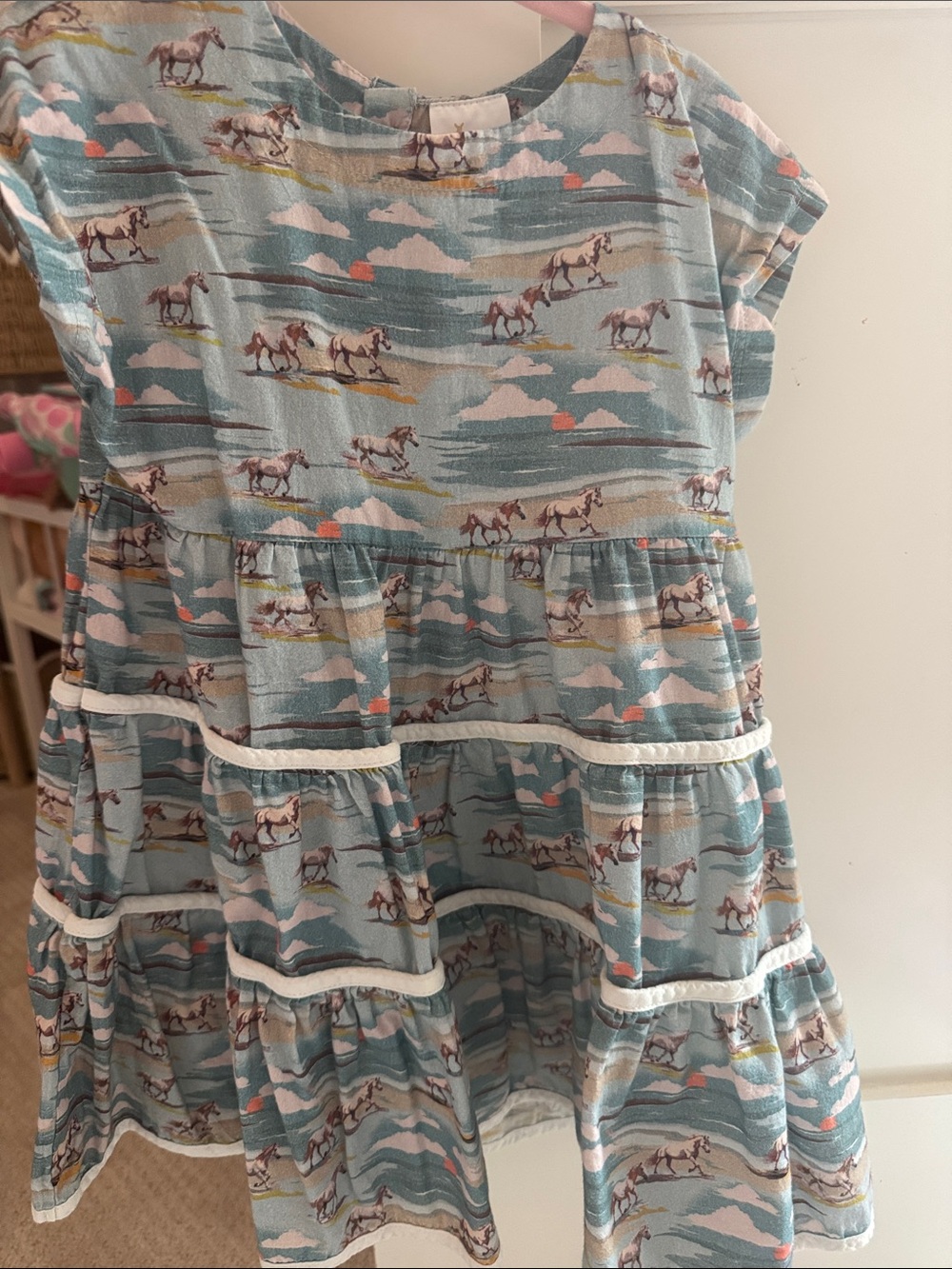 Velvet Light Blue Horse Print Tiered Dress